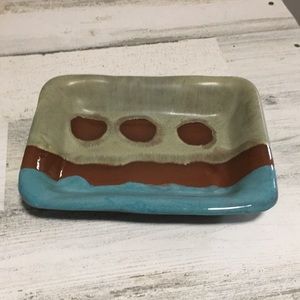 Blue/brown/tan stripes with brown dots handcrafted signed deep pottery tray